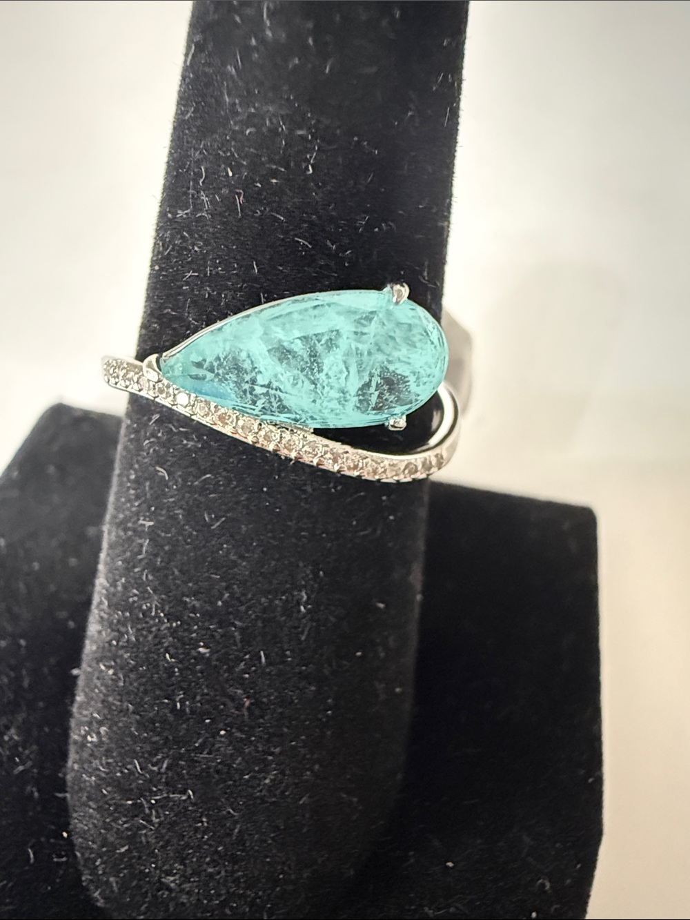 Teardrop Aqua Crystal Ring with Pavé-Accented Silver Band